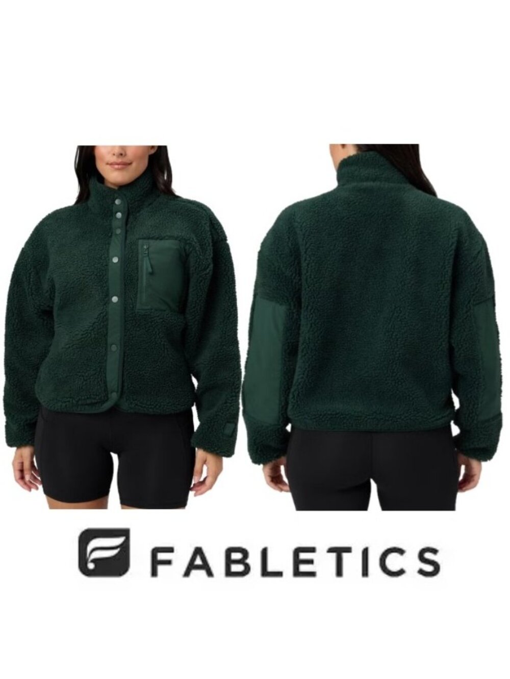 NWT Fabletics Women's Teddy Fleece Jacket, Green (Everpine)